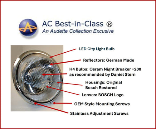 AC Premium BOSCH Logo H4 Headlights with original Bosch restoration and enhanced illumination.