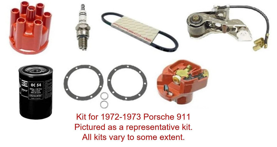 Engine tune up kit for 1974-1975 Porsche 911 Euro Carrera 2.7L with Bosch distributor, includes alternator v-belt, oil filter, distributor cap, rotor, condenser, ignition point set, oil sump gasket set, and spark plugs.