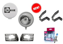 Load image into Gallery viewer, AC Cibié Oscar SWB/LWB driving lights kit with protective covers, horn grilles, mounting brackets, and high-performance bulbs.
